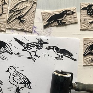 Handprinted Linocut Teatowel grey birds image 6