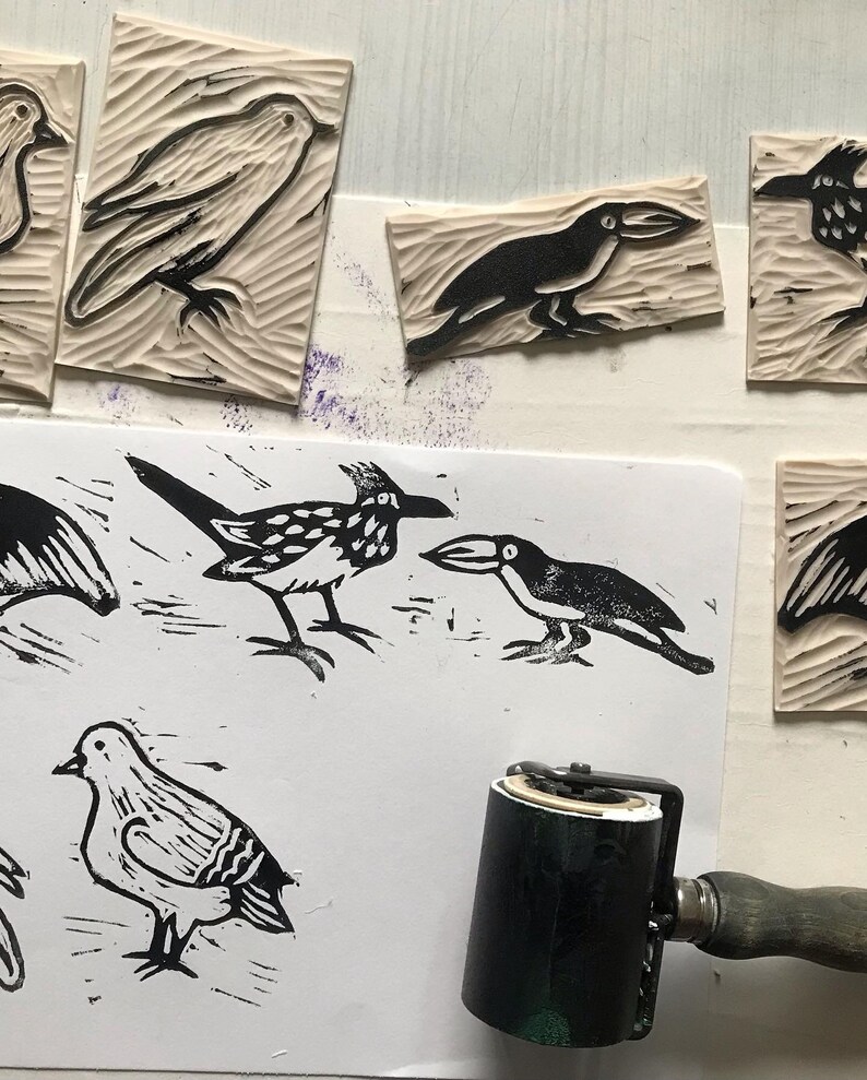 Handprinted Linocut Teatowel grey birds image 6