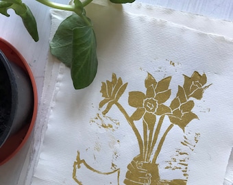 Limited edition Gold Daffodils linocut on Italian Cotton Rag paper