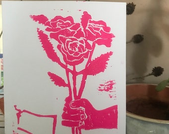 Roses Handprinted Linocut Card