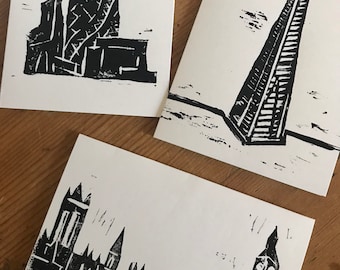 London Landmarks: Big Buildings Set- Handprinted Linoprint Card Set (3 cards)