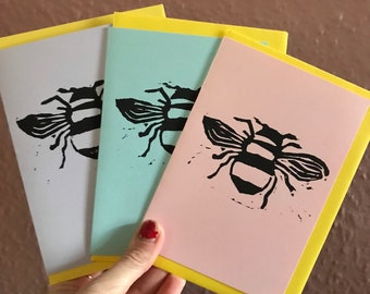 Bee Handprinted Linocut Card