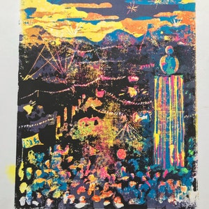 Glastonbury Festival Reduction Lino and Letterpress Print