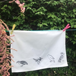 Handprinted Linocut Teatowel- grey birds