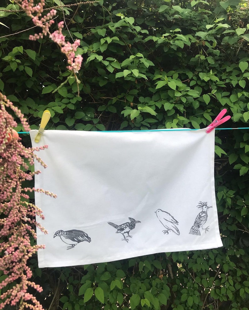 Handprinted Linocut Teatowel grey birds image 1