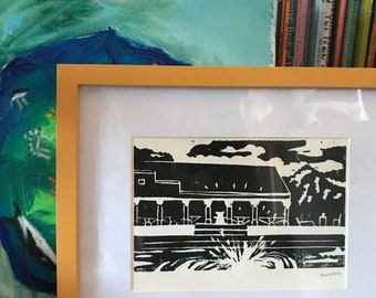 Splash framed linocut of Hitchin outdoor pool