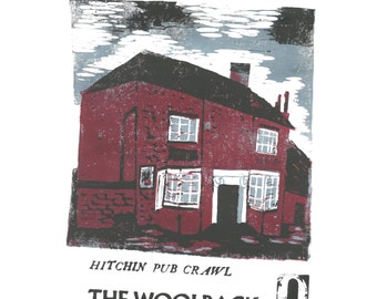 Hitchin Pub Crawl - The Woolpack - Lino and Letterpress Print- Poster