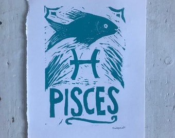 Pisces Star Sign Zodiac Linocut Print