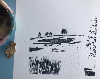 Landscape in mono, Oughtonhead A3 Original Linoprint