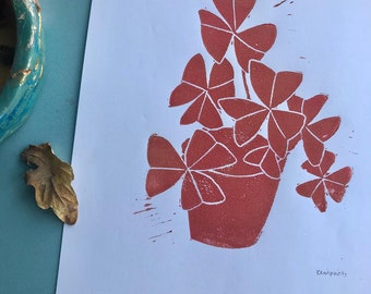 Botanical Linoprint- Red Oxalis Triangularis