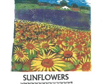 Sunflowers at Hitchin Lavender Lino and Letterpress Print