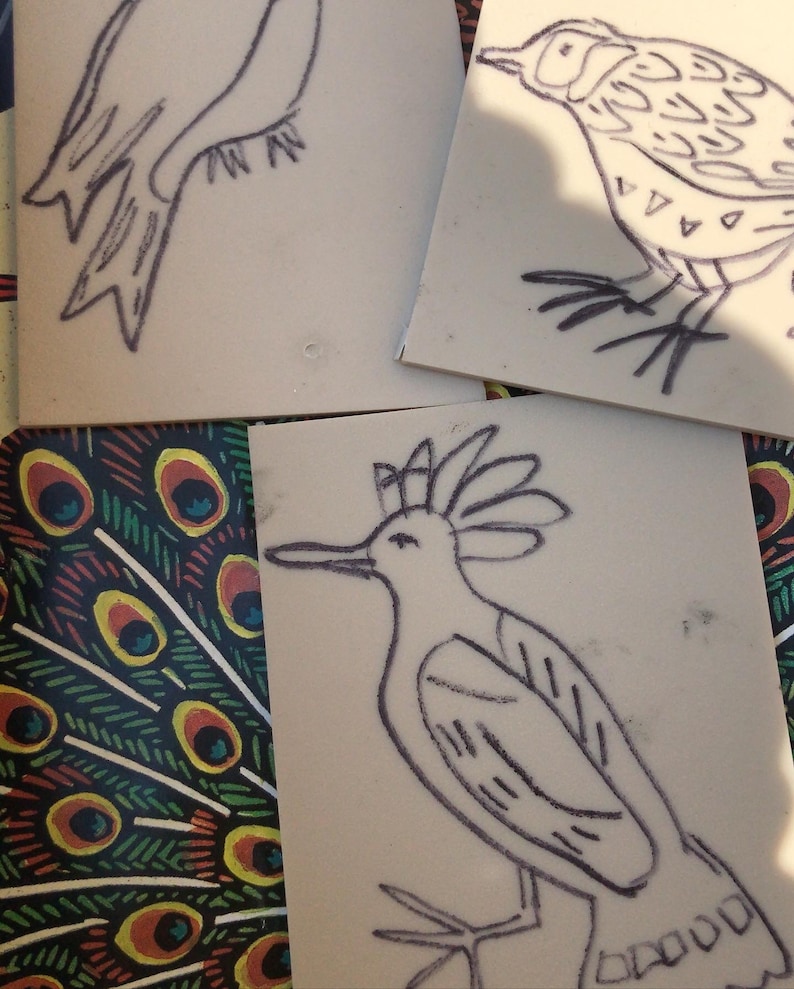 Handprinted Linocut Teatowel grey birds image 7