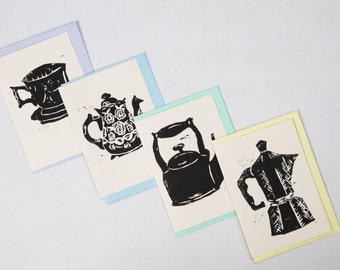 Tea and Coffee Handprinted Linocard Set (4 cards)