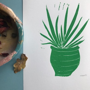 Botanischer Linoldruck- Grüne Aloe Vera