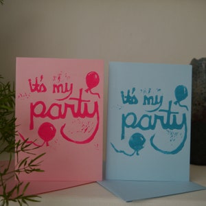 Its My Party Handprinted Linocut Card