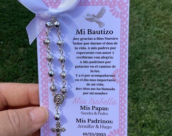 Personalized Baptism Favors: Prayer Card, Mini Rosary (12pc Set), Mi bautizo recuerdos papel picado themed, Barro themed baptism favors