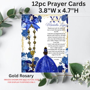May include: A set of 12 prayer cards measuring 3.8 inches wide by 4.7 inches high, featuring a blue floral border, a gold rosary with a blue bow, and an illustration of a person in a blue gown with text including the name Marbella Lopez.