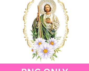 San Judas Tadeo with Daisy Flowers PNG, Religious T-Shirt Design, Christian Sublimation Design, St. Jude coffee mug png, San Judas wall art