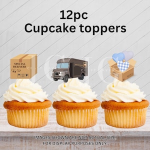 May include: Image of 12 cupcake toppers with a delivery theme. The toppers include a brown delivery truck, a cardboard box, and blue and white heart-shaped balloons. The cupcakes have yellow cake and white frosting.