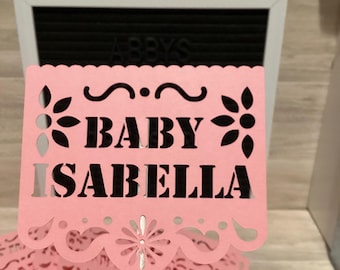 5pc Cielito Lindo Papel Picado, Talavera Centerpiece pick, Baby shower cake topper, Personalized Barro themed Name flag, Birthday topper
