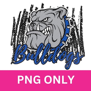 Puede incluir: Diseño gráfico de un bulldog gris con un collar de púas azul y la palabra "Bulldogs" en escritura azul. El diseño incluye pinceladas negras texturizadas y el texto "PNG ONLY" en una pancarta rosa.