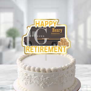 May include: A white cake with intricate floral icing and a gold-trimmed topper. The topper features a brown delivery truck with the text "Happy Retirement Henry" and "Worldwide Service".