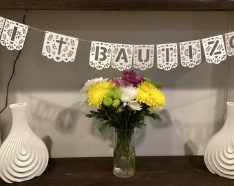 Papel picado Mi Bautizo Banner, Cielito Lindo Baptism Garland, Pancarta de Bautizo, banerin de Bautizo talavera-tema, barro-tema dop