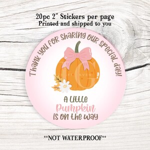 May include: A circular sticker with a pink gradient background. It features an orange pumpkin with a pink bow, a white flower, and the text "A Little Pumpkin is on the way." The sticker is 5.08 cm in diameter.