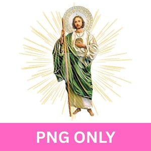 May include: A digital illustration of a religious figure, depicted with a halo and holding a staff. The figure wears a white robe and a green cloak. The background features a radiant, golden burst design. The text "PNG ONLY" is displayed in a pink banner at the bottom.