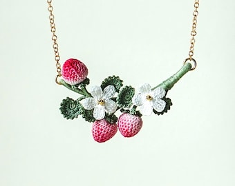 Whispering Garden Micro Crochet Strawberry Necklace Handmade Fruit Jewelry Botanical Garden Accessory Cute Gift for Her