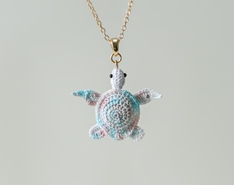 Micro Crochet Turtle Necklace Handmade Mini Sea Turtle Jewelry Ocean Gift for Her Cute Crochet Pendant Sea Lover Necklace