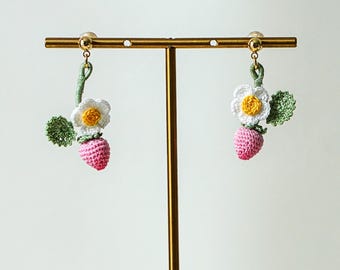 Whispering Garden Micro Crochet Strawberry Earrings Handmade Fruit Jewelry Botanical Garden Accessory Cute Gift for Her