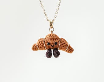 Micro Crochet Croissant Necklace Cute Pastry Pendant Handmade Mini Food Jewelry Tiny Crochet Art Gift for Her