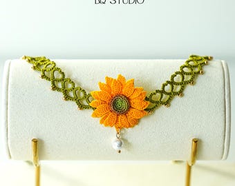 Whispering Petals Micro Crochet Sunflower Choker Handmade Botanical Floral Fiber Art Necklace Gift for Her