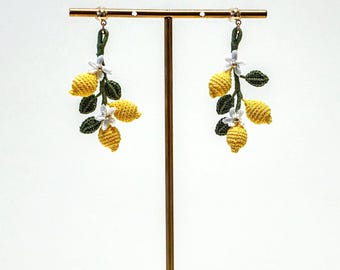 Whispering Garden Micro Crochet Lemon Earrings Handmade Citrus Fruit Jewelry Botanical Summer Accessory Cute Gift for Her