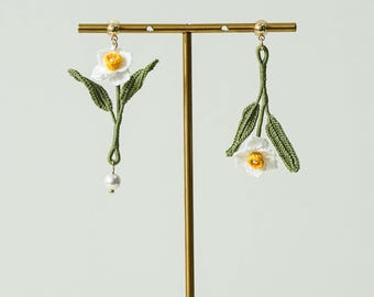 Micro Crochet Earrings Daffodi Handmade Narcissus Jewelry Botanical Flower Earrings Gift for Her