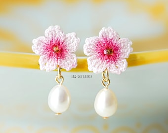 Whispering Petals Micro Crochet Sakura Earrings with Freshwater Pearl Handmade Cherry Blossom Floral Earrings Handmade Lace Thread Jewelry