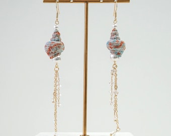 Micro Crochet Earrings Seashell Handmade Ocean Jewelry Fiber Art Shell Earrings with Crystals Beach Gift for Her Dangly Statement Earrings