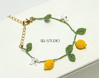 Whispering Garden Micro Crochet Lemon Bracelet Handmade Citrus Fruit Jewelry Botanical Summer Accessory Cute Gift for Her
