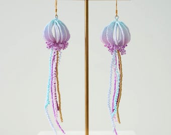Micro Crochet Earrings Jellyfish Pastel Ocean Earrings  Handmade Fiber Art Jewelry  Lightweight Dangly Earrings  Unique Crochet Gift