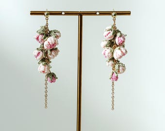 Whispering Petals Micro Crochet Cascading Rosebud Earrings Handmade Floral Drop Earrings Romantic Botanical Jewelry Gift for Her
