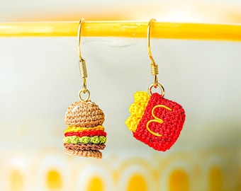 Micro Crochet Burger and Fries Earrings Fast Food Earrings Food Jewelry Cute Hamburger Earrings Handmade Fun Statement Earrings