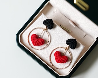 Whispering Hearts Micro Crochet Heart Hoop Earrings Handmade Valentine Gift Romantic Fiber Art Jewelry