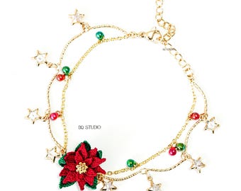 Micro Crochet Poinsettia Handmade Christmas Flower Bracelet Holiday Floral Jewelry Festive Gift for Her