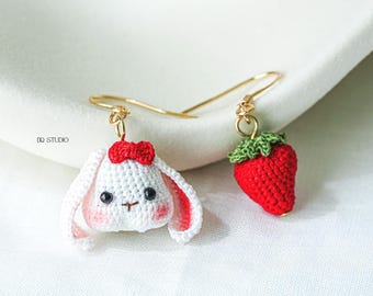 Micro Crochet Mismatched Bunny and Strawberry Earrings Handmade Rabbit Jewelry Cute Kawaii Asymmetrical Earrings Gift
