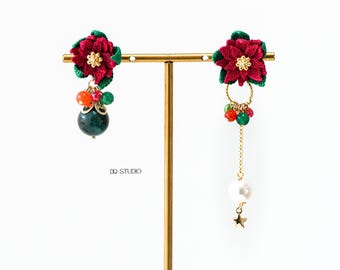 Micro Crochet Poinsettia Handmade Christmas Flower Earrings Holiday Floral Jewelry Festive Gift for Her