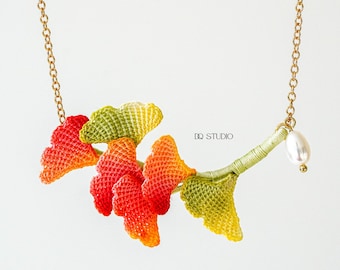 Whispering Petals Micro Crochet Ginkgo Leaf Necklace Handmade Botanical Bridal Jewelry Delicate Flower Jewelry