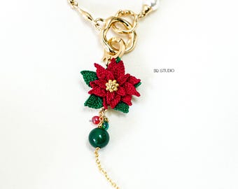 Micro Crochet Poinsettia Handmade Christmas Flower Necklace Holiday Floral Jewelry Festive Gift for Her
