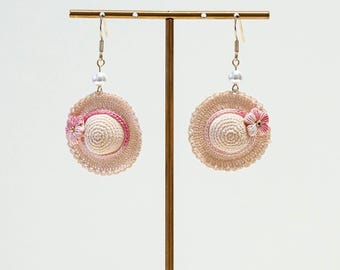 Micro Crochet Earrings Hat Puff Handmade Miniature Sun Hat Jewelry Cute Crochet Earrings Straw Hat Puff Earrings Gift for Her