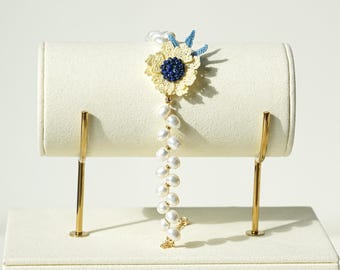 Whispering Petals Micro Crochet Coreopsis Bracelet Handmade Snake Eye Daisy Bracelet with Freshwater Pearl Floral Botanical